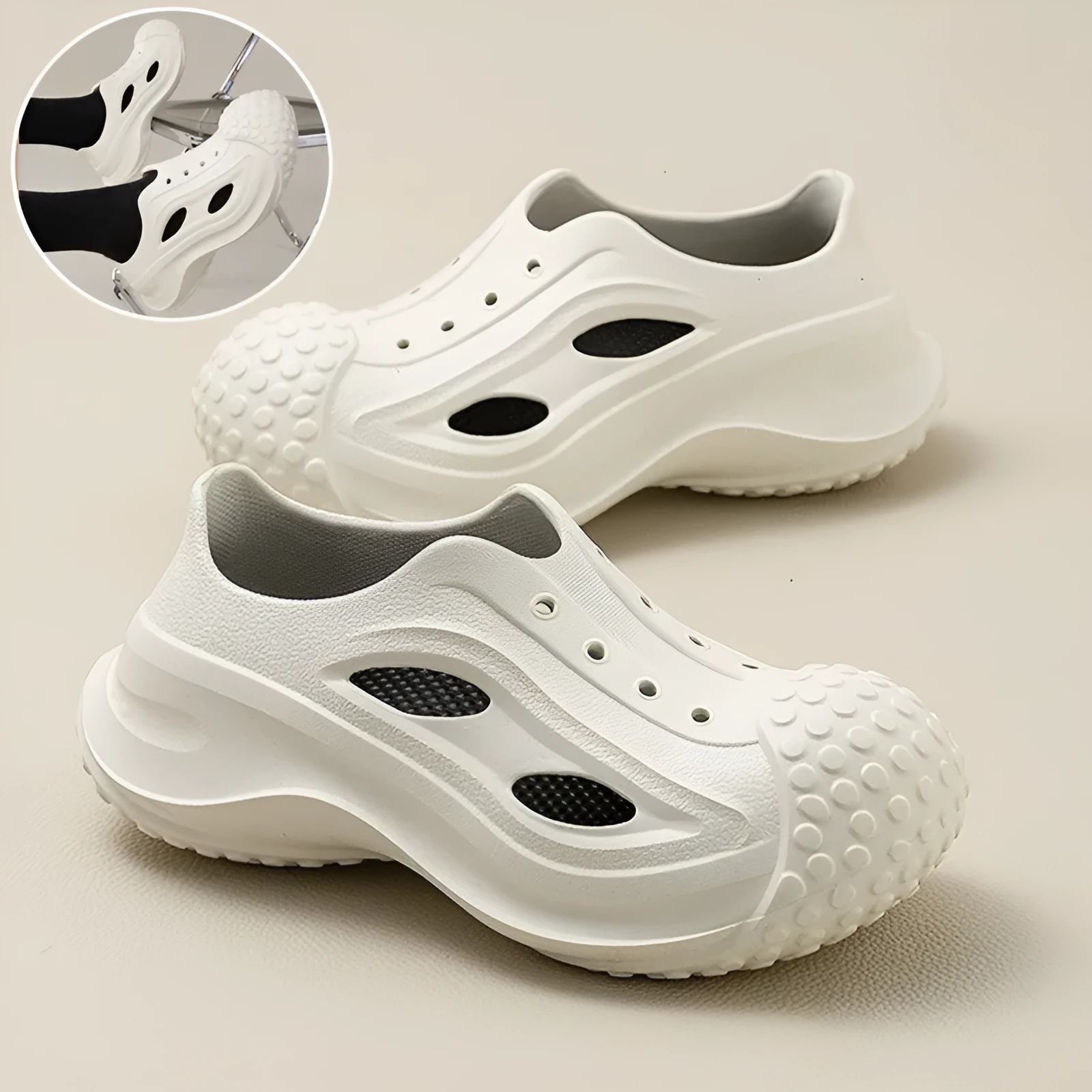 Fashion thick-soled EVA clogs slippers in black for women and men, non-slip indoor outdoor beach shoes with wrapped toe