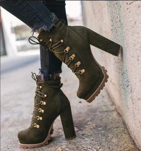 Women's suede high heel boots with thick 8cm heels, round toe, and buckle accents in army green colour