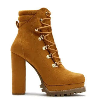 Women's suede high heel boots with thick 8cm heels, round toe, and buckle accents in army green colour