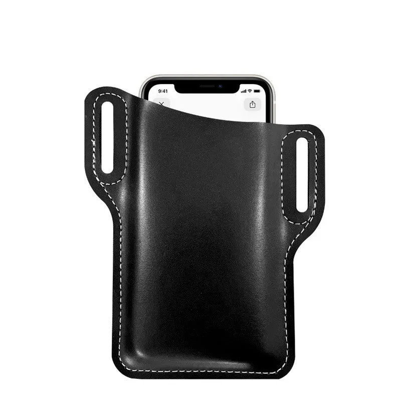 Men's PU belt waist bag square vertical shape in Black for outdoor hands-free phone carry
