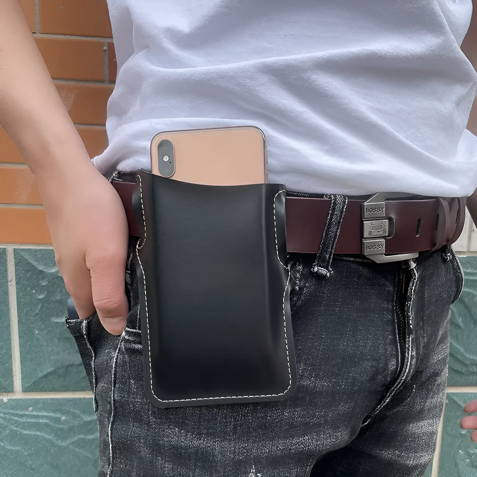 Men's PU belt waist bag square vertical shape in Black for outdoor hands-free phone carry