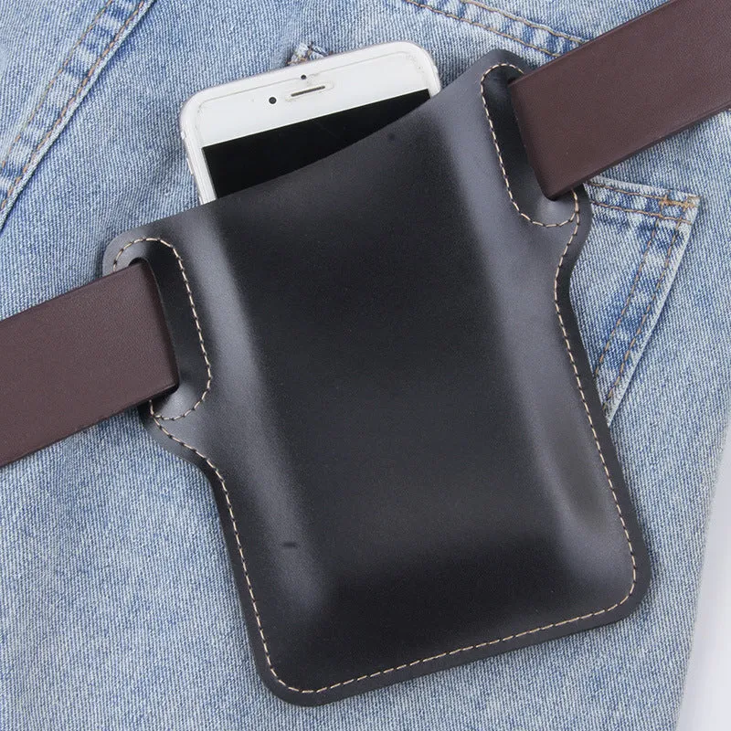 Men's PU belt waist bag square vertical shape in Black for outdoor hands-free phone carry