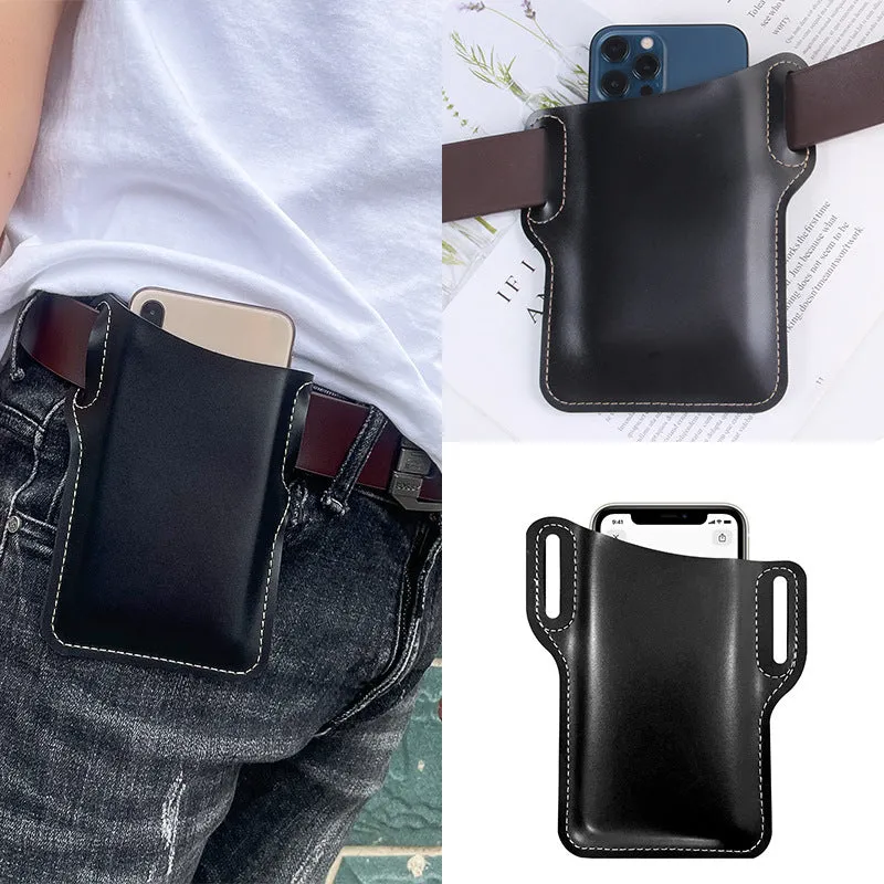 Men's PU belt waist bag square vertical shape in Black for outdoor hands-free phone carry