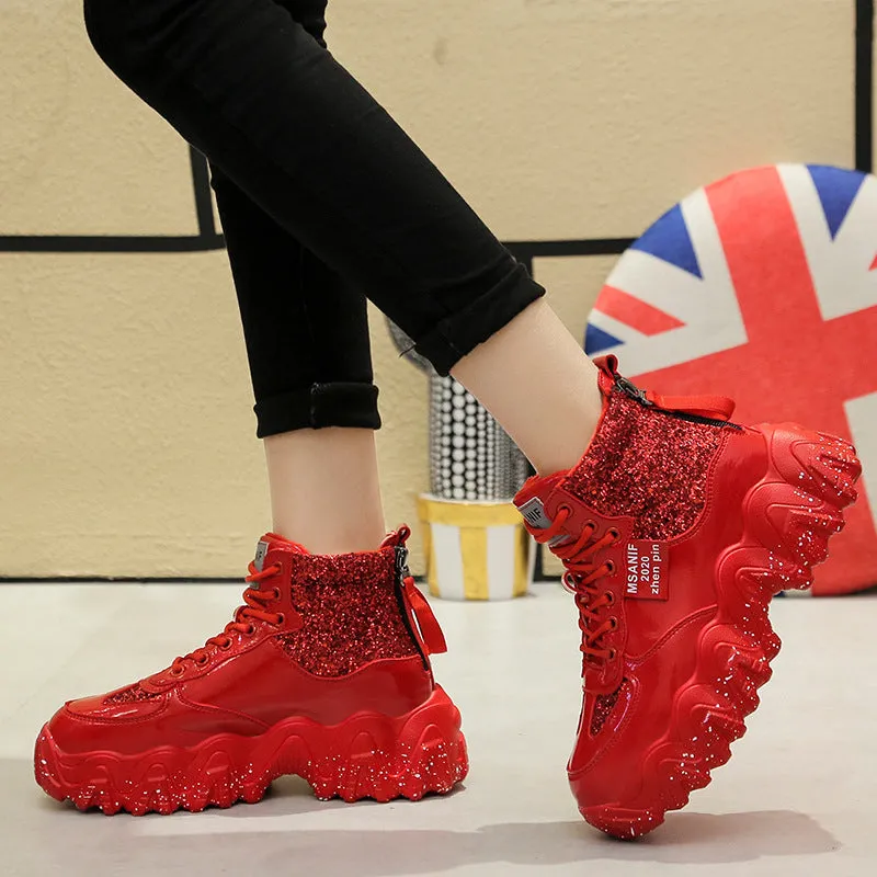 Big wavy snowflake daddy shoes with sequins, cross ties, rhinestones, sponge cake heel, waterproof platform, round toe, solid colour