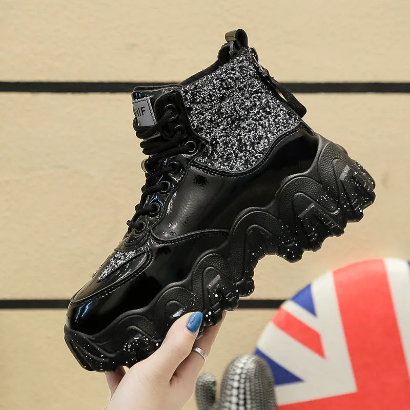 Big wavy snowflake daddy shoes with sequins, cross ties, rhinestones, sponge cake heel, waterproof platform, round toe, solid colour
