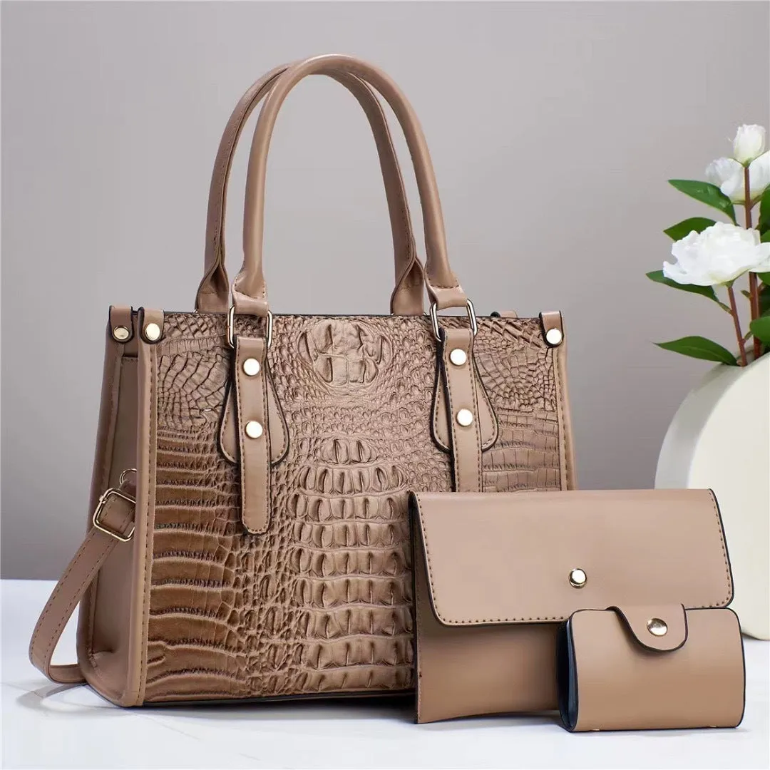 Contrast colour minimalist texture three-piece set showing crossbody bag, wallet, and card bag in matching PU leather