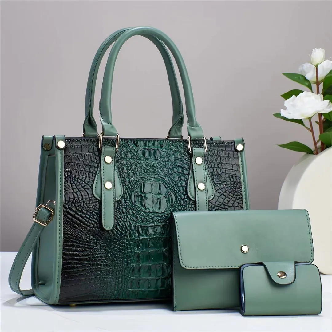 Contrast colour minimalist texture three-piece set showing crossbody bag, wallet, and card bag in matching PU leather