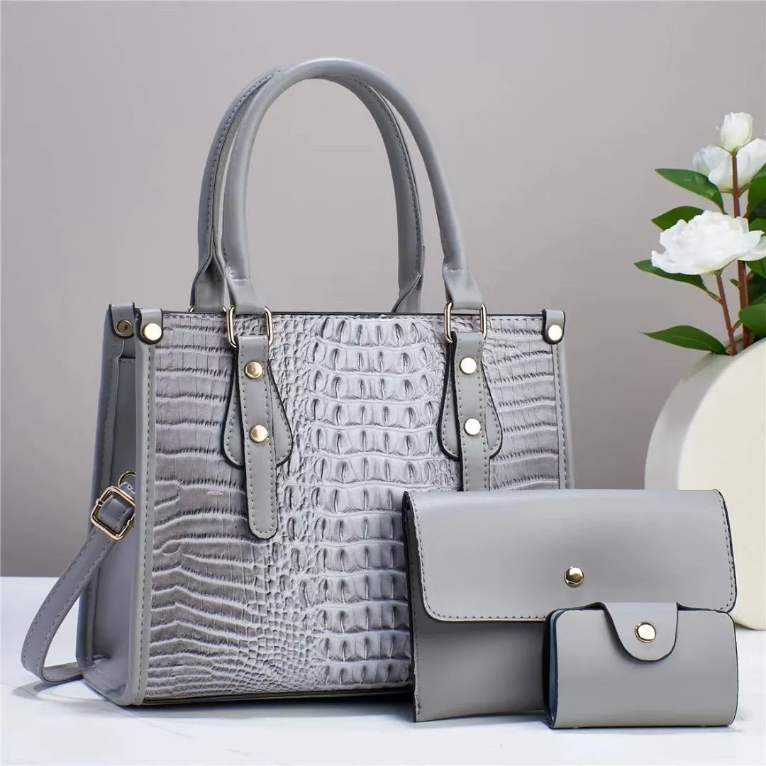 Contrast colour minimalist texture three-piece set showing crossbody bag, wallet, and card bag in matching PU leather