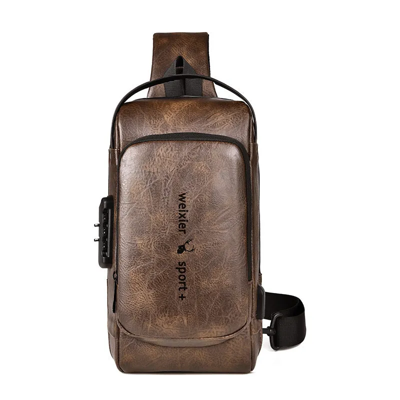 Retro casual shoulder messenger bag for men in dark brown with flap-over closure and adjustable strap