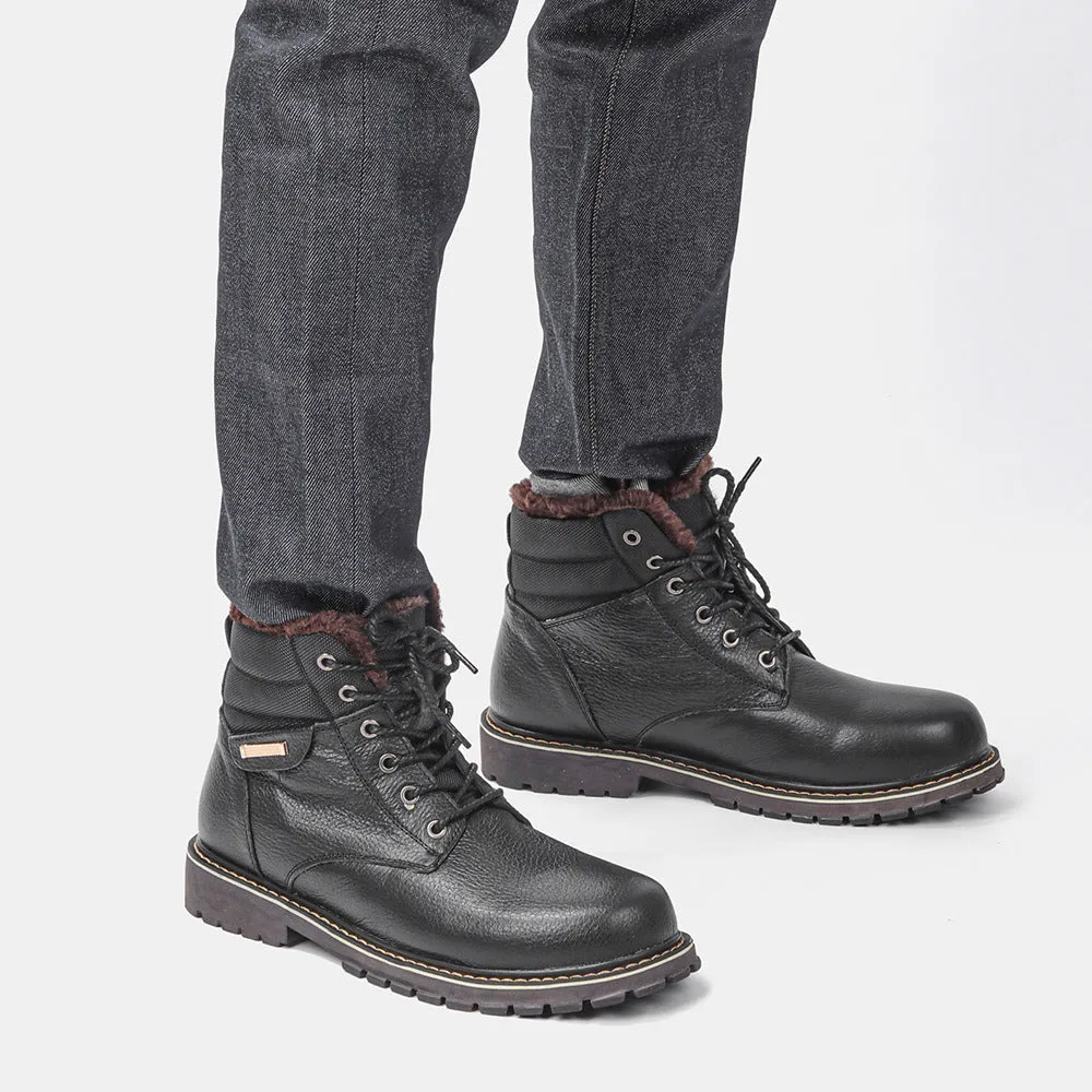 Plus size men's real leather snow boots with fleece lining, knee-high, rubber sole, black, sizes 39-47