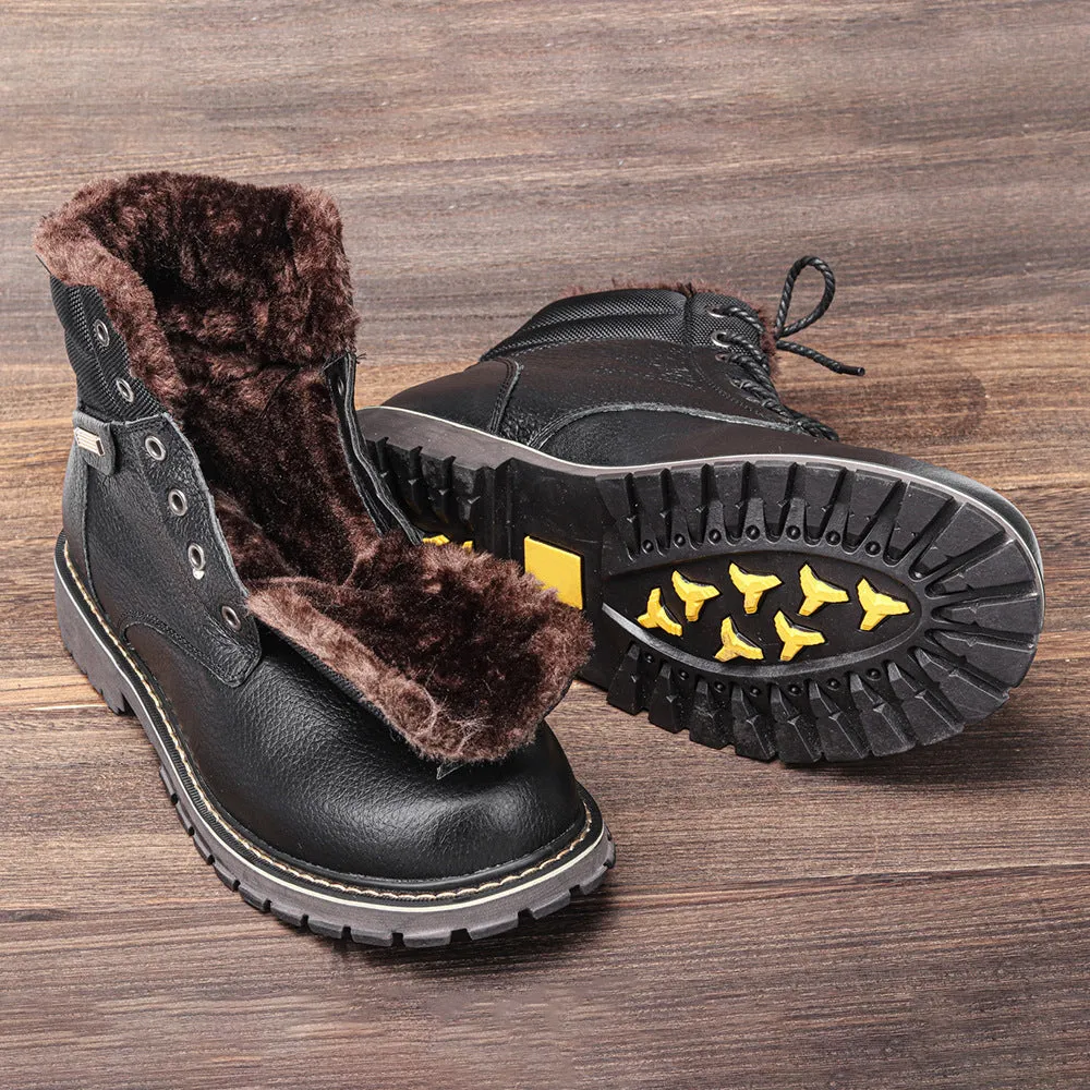 Plus size men's real leather snow boots with fleece lining, knee-high, rubber sole, black, sizes 39-47
