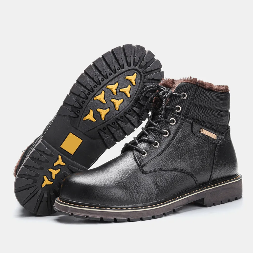 Plus size men's real leather snow boots with fleece lining, knee-high, rubber sole, black, sizes 39-47
