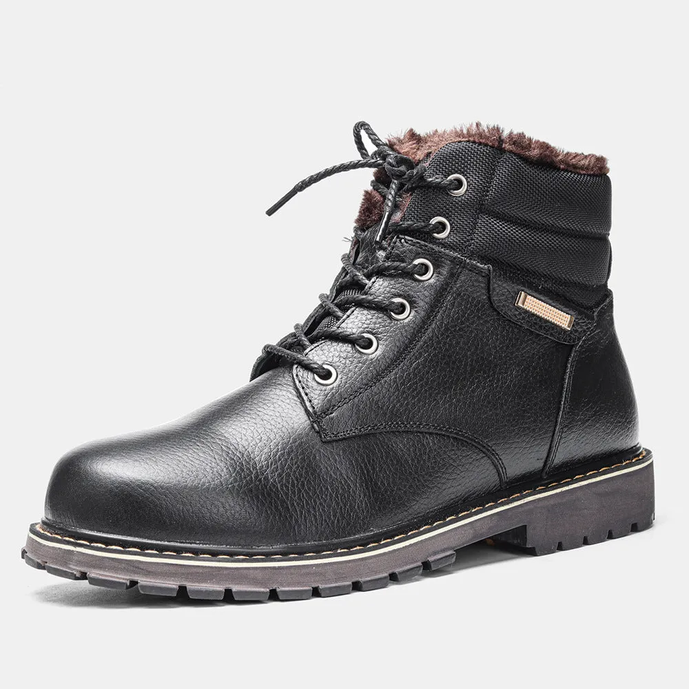 Plus size men's real leather snow boots with fleece lining, knee-high, rubber sole, black, sizes 39-47