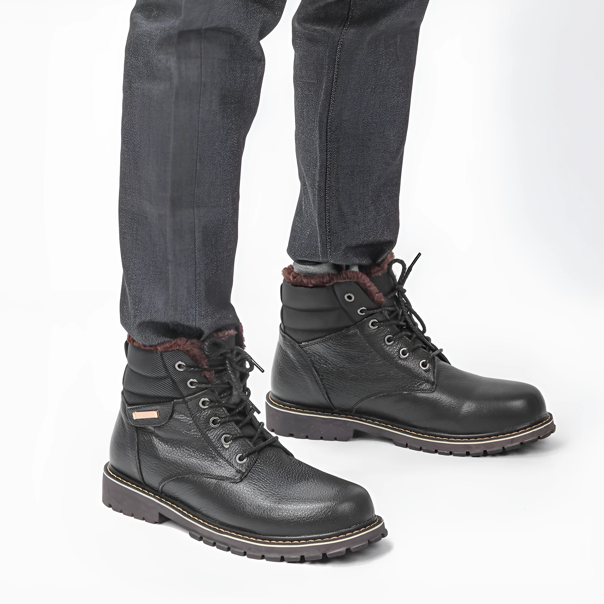 Plus size men's real leather snow boots with fleece lining, knee-high, rubber sole, black, sizes 39-47