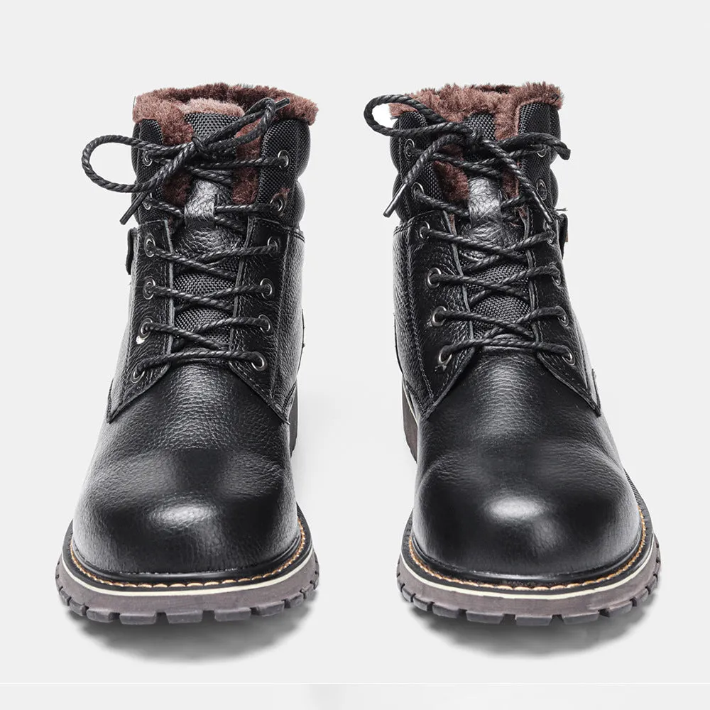 Plus size men's real leather snow boots with fleece lining, knee-high, rubber sole, black, sizes 39-47