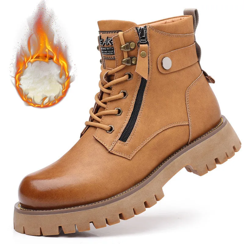 Men's brown high-top leather Martin boots with side zipper and round toe on a non-slip rubber sole.
