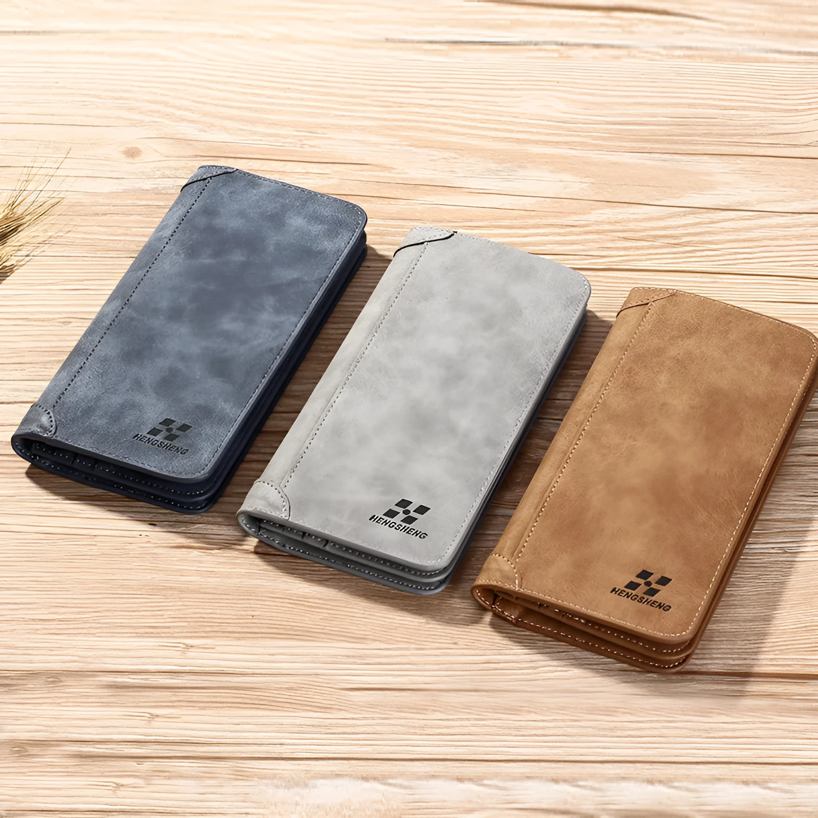 Long men's bi-fold PU leather wallet in brown with car suture stitching, open showing card slots and bill holder