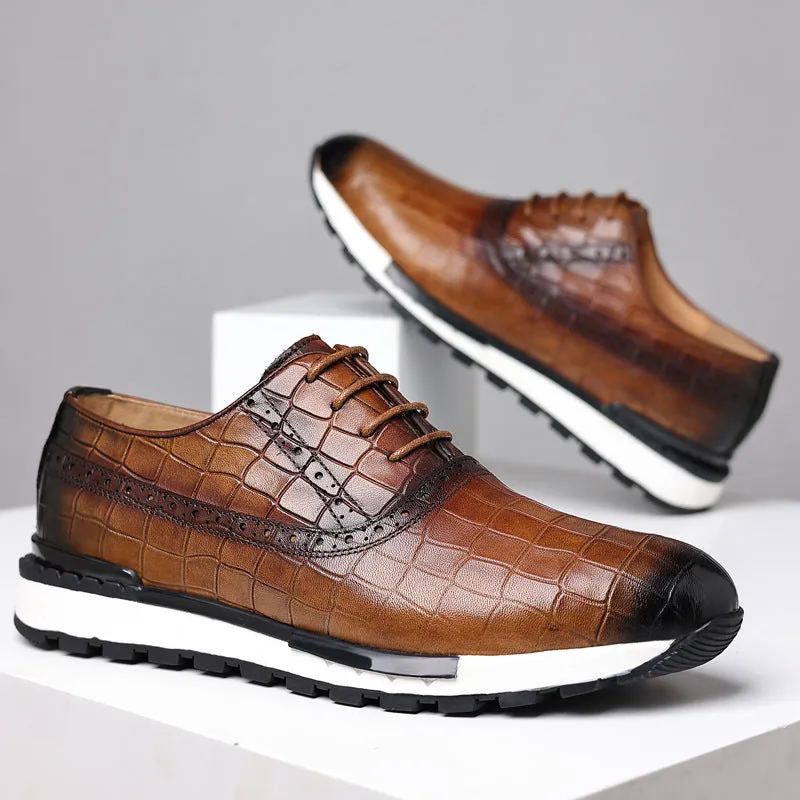 Men's brown lace-up casual calf leather loafers with rubber sole and low heel on display