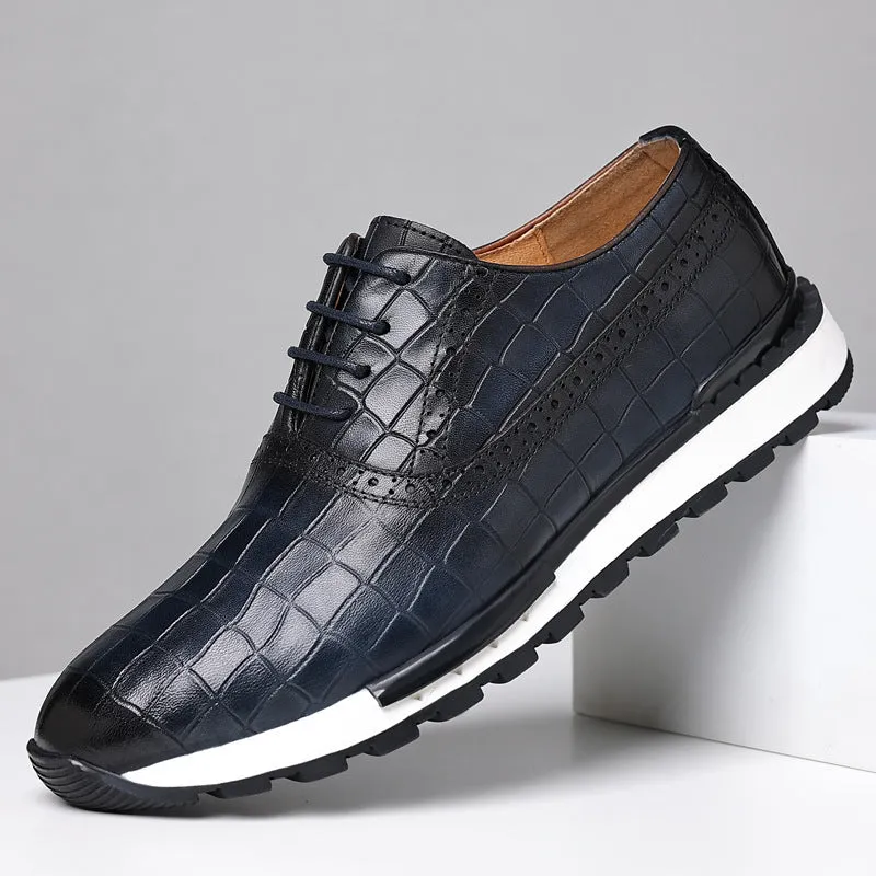 Men's brown lace-up casual calf leather loafers with rubber sole and low heel on display