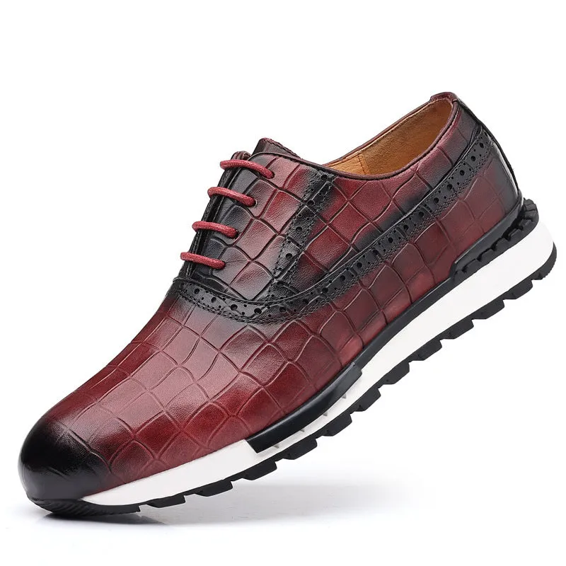 Men's brown lace-up casual calf leather loafers with rubber sole and low heel on display