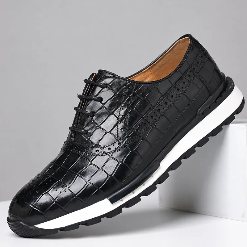 Men's brown lace-up casual calf leather loafers with rubber sole and low heel on display