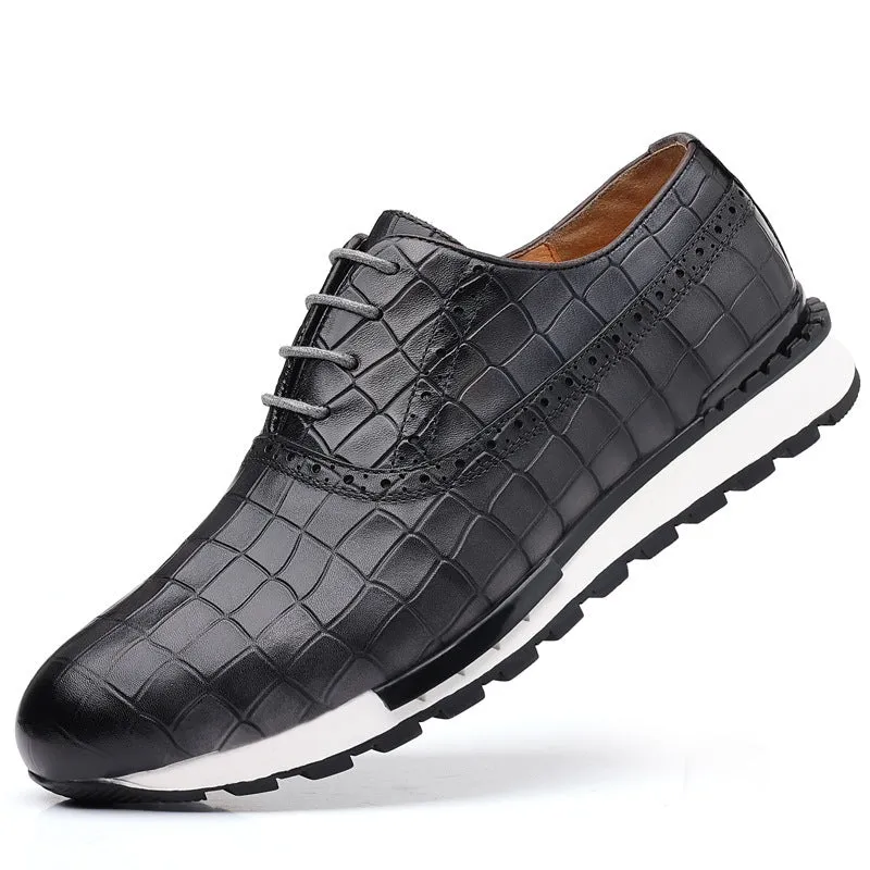 Men's brown lace-up casual calf leather loafers with rubber sole and low heel on display