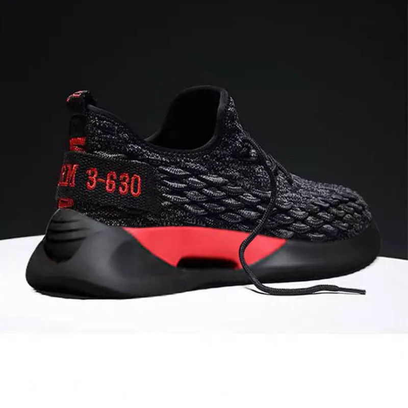 Casual breathable running shoes with mesh upper, lace-up, low-top square heel, black and white colourway