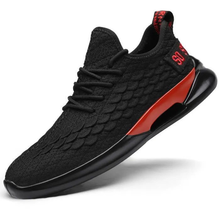 Casual breathable running shoes with mesh upper, lace-up, low-top square heel, black and white colourway