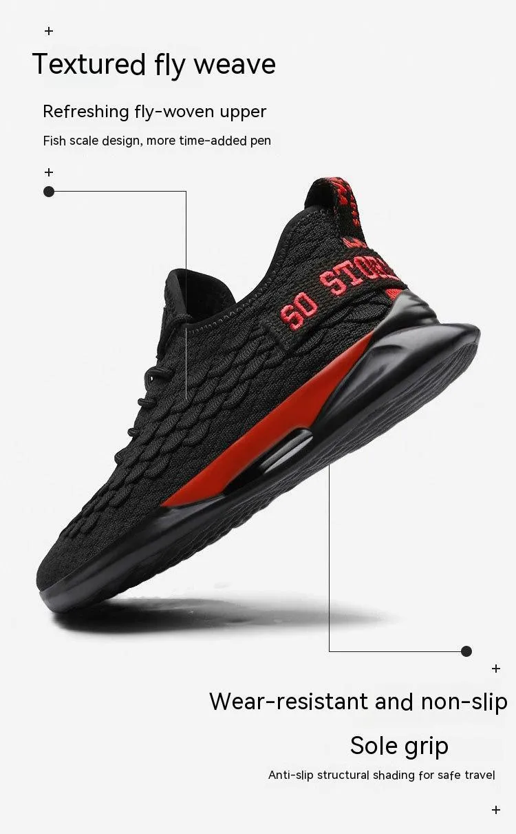 Casual breathable running shoes with mesh upper, lace-up, low-top square heel, black and white colourway