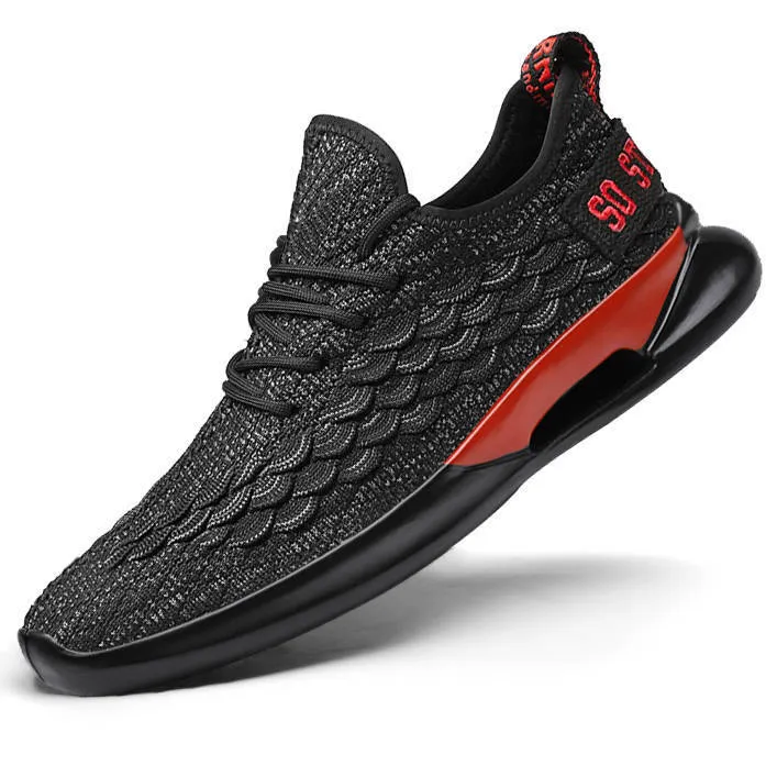Casual breathable running shoes with mesh upper, lace-up, low-top square heel, black and white colourway