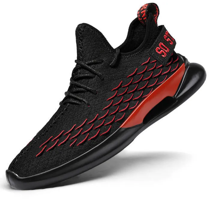 Casual breathable running shoes with mesh upper, lace-up, low-top square heel, black and white colourway