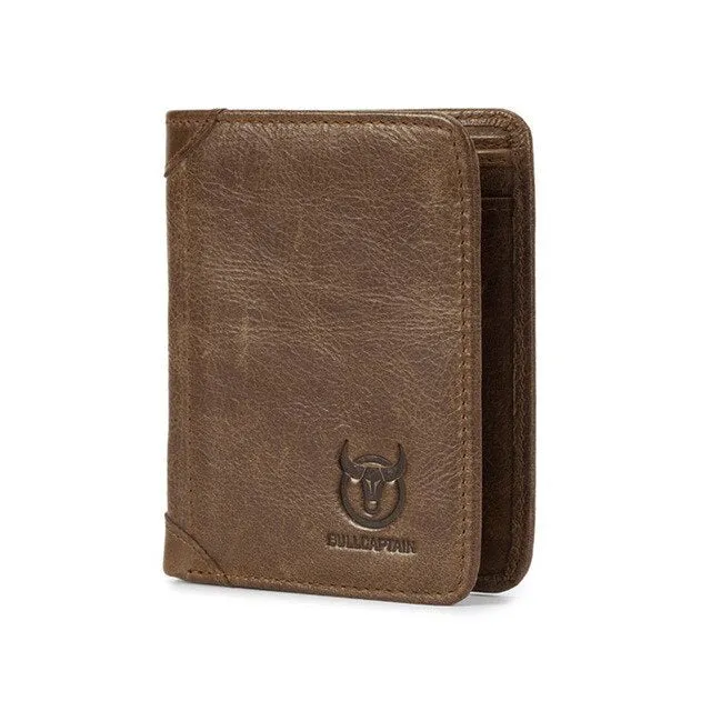 Men's square casual leather wallet in brown showing card slots and a secret compartment.