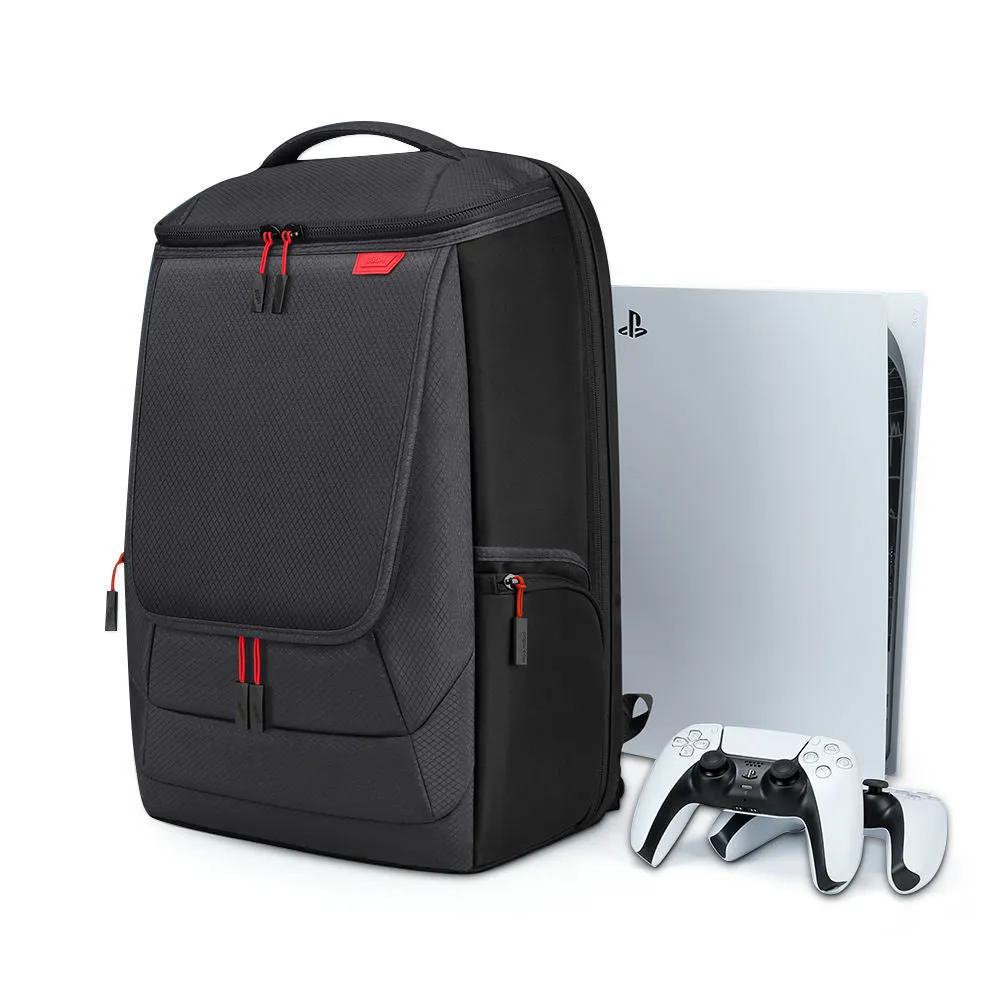 Black nylon game console storage bag for PS5 and kits, 49x33x24cm, sewn seams