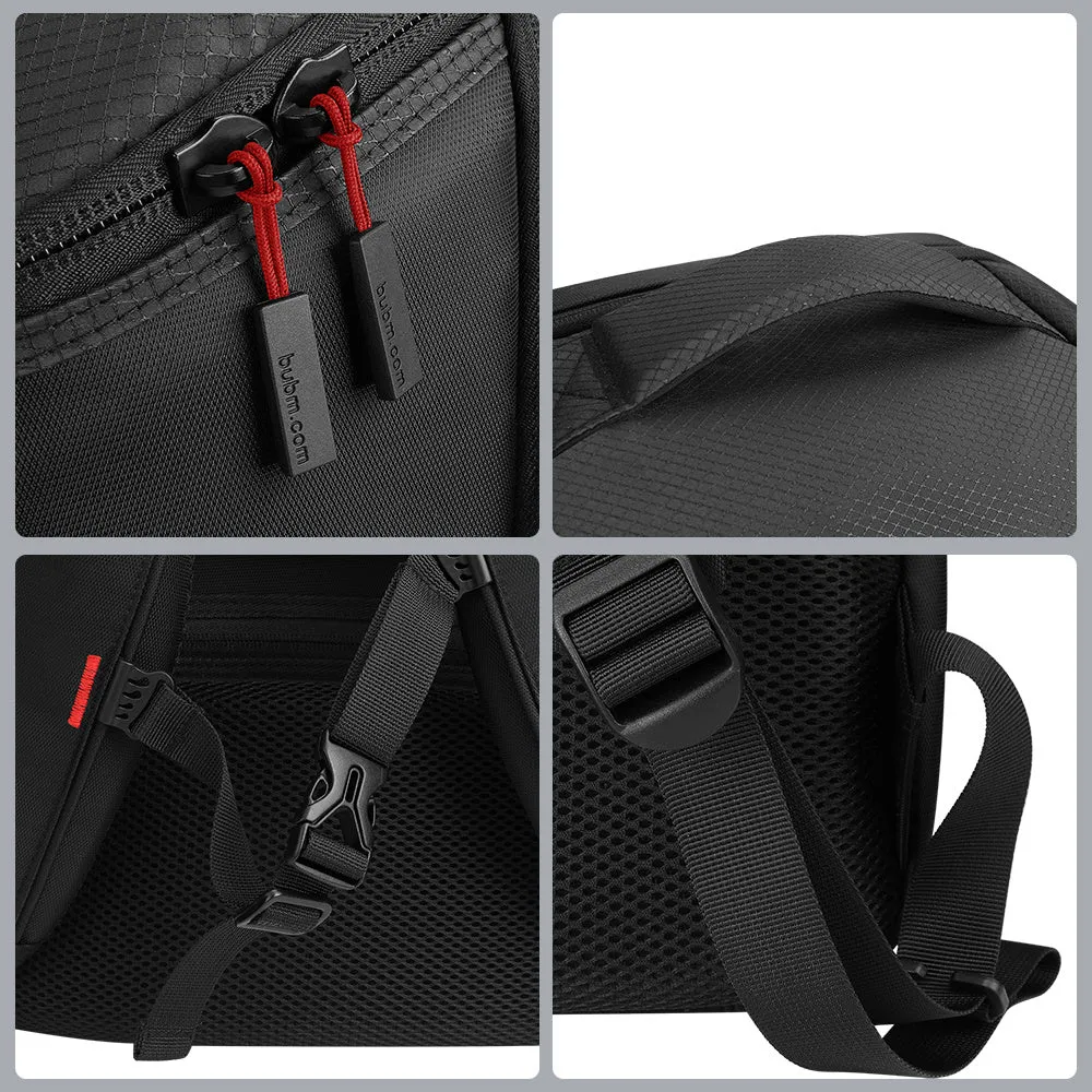 Black nylon game console storage bag for PS5 and kits, 49x33x24cm, sewn seams