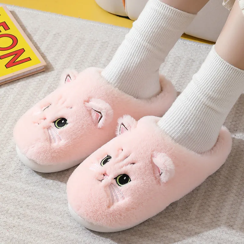 Cute cat plush slippers with non-slip EVA sole, thickened design, available in pink colour on a floor surface
