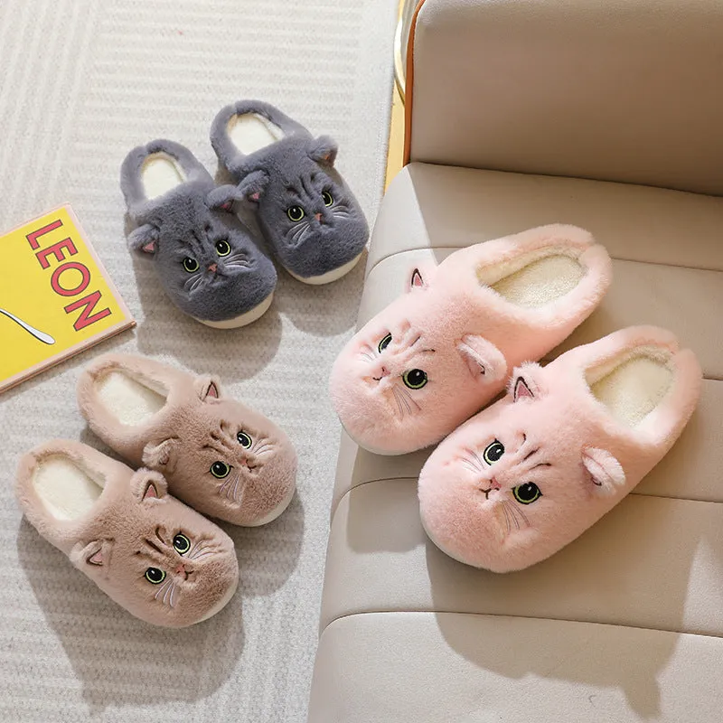 Cute cat plush slippers with non-slip EVA sole, thickened design, available in pink colour on a floor surface
