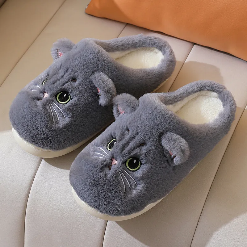 Cute cat plush slippers with non-slip EVA sole, thickened design, available in pink colour on a floor surface