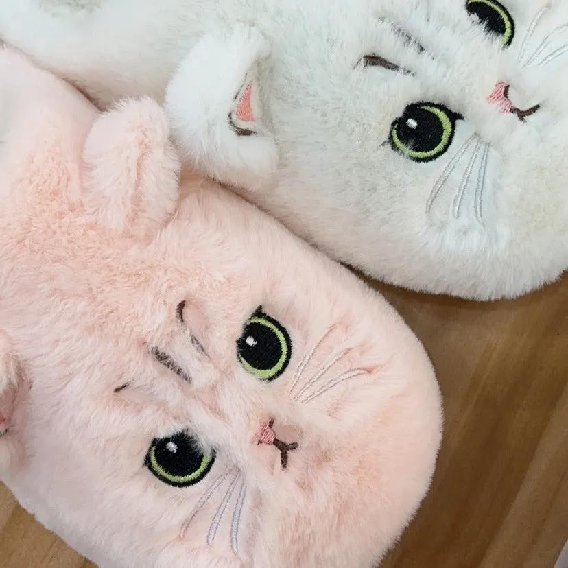 Cute cat plush slippers with non-slip EVA sole, thickened design, available in pink colour on a floor surface