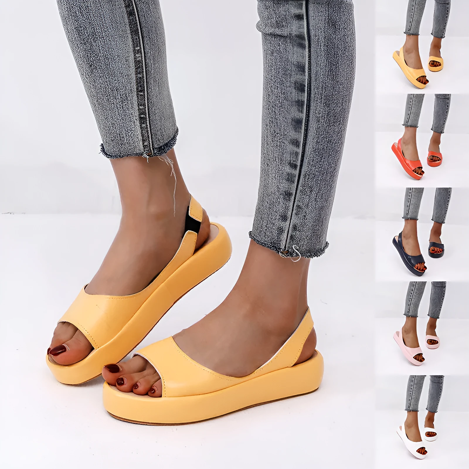 Women's summer fish mouth flat sandals in solid colour with back strap design, side hollow detail, artificial PU upper, rubber sole