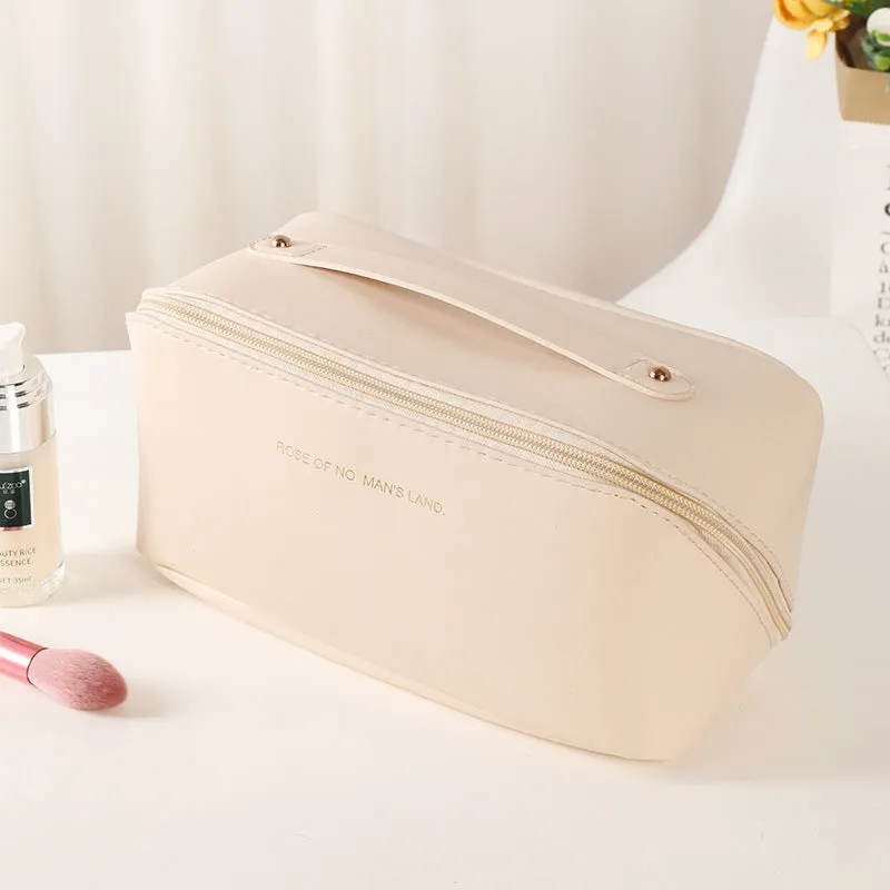 Korean style large capacity pillow cosmetic bag in milky white with waterproof PVC and letter pattern