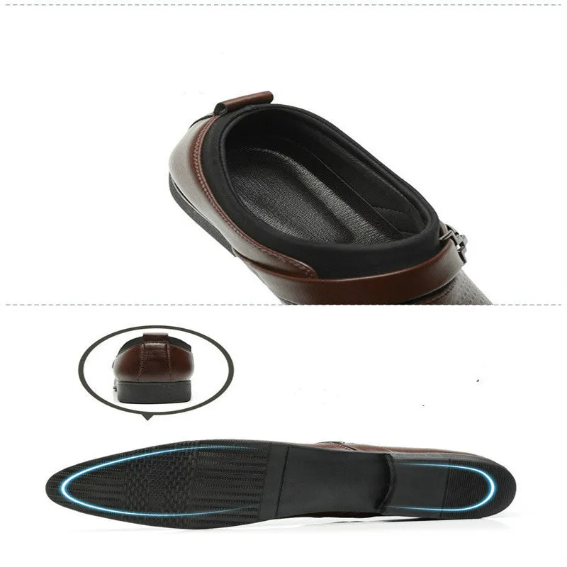 Men's black business formal PU leather shoes with non-slip rubber sole on a grey background