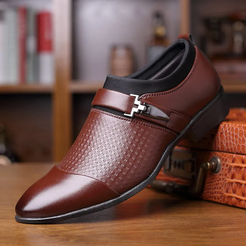 Men's black business formal PU leather shoes with non-slip rubber sole on a grey background