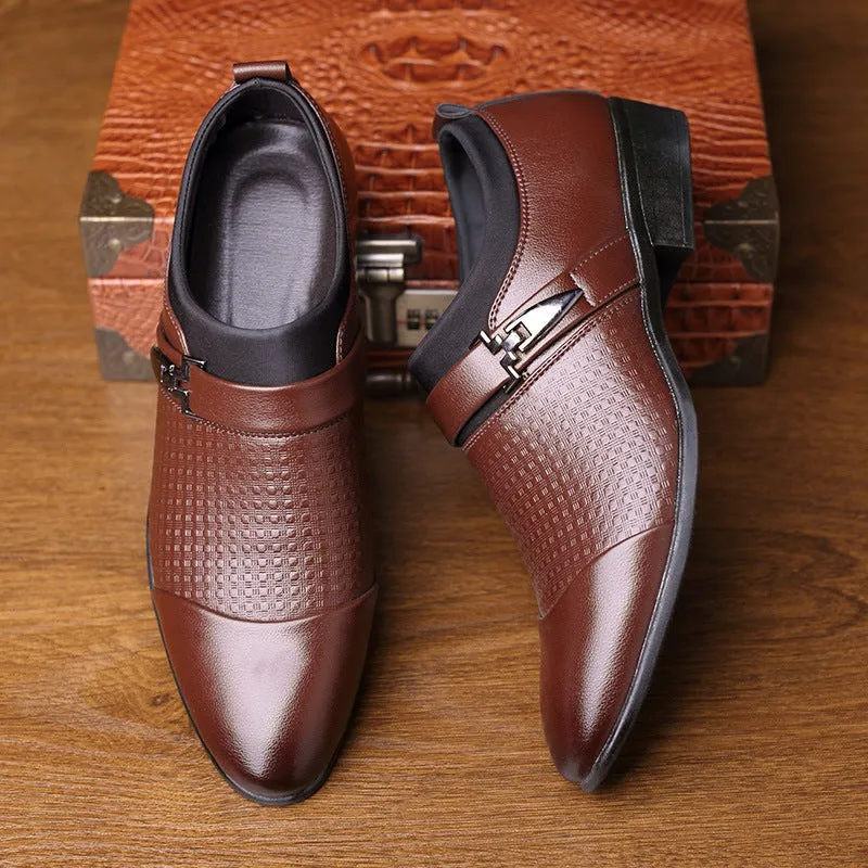 Men's black business formal PU leather shoes with non-slip rubber sole on a grey background