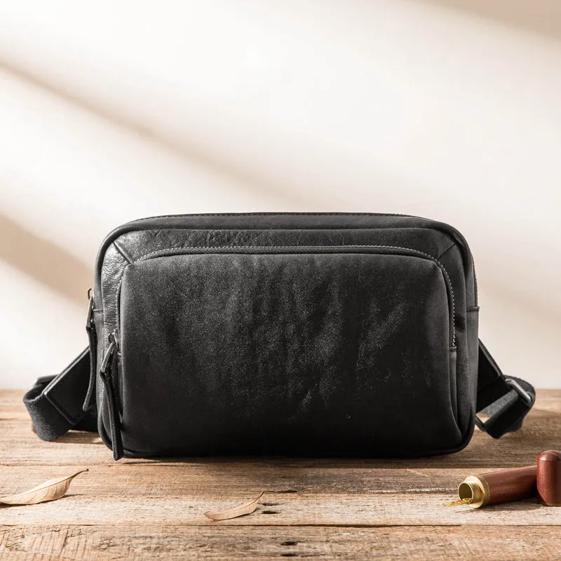 Black cowhide leather shoulder bag 8 inch with zipper closure and multiple pockets