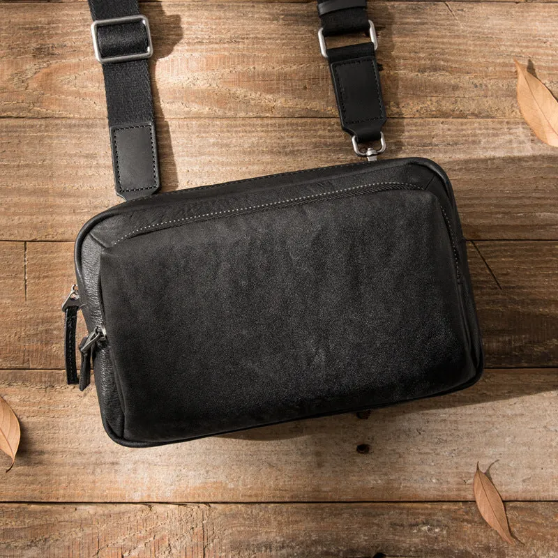 Black cowhide leather shoulder bag 8 inch with zipper closure and multiple pockets