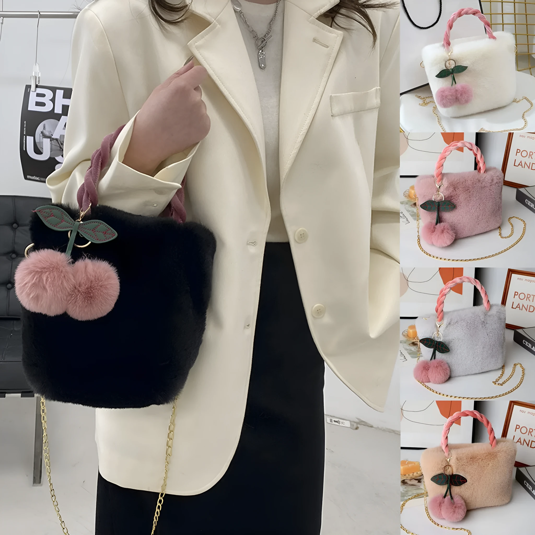 Large soft plush travel bucket bag in beige with open pocket and single shoulder strap