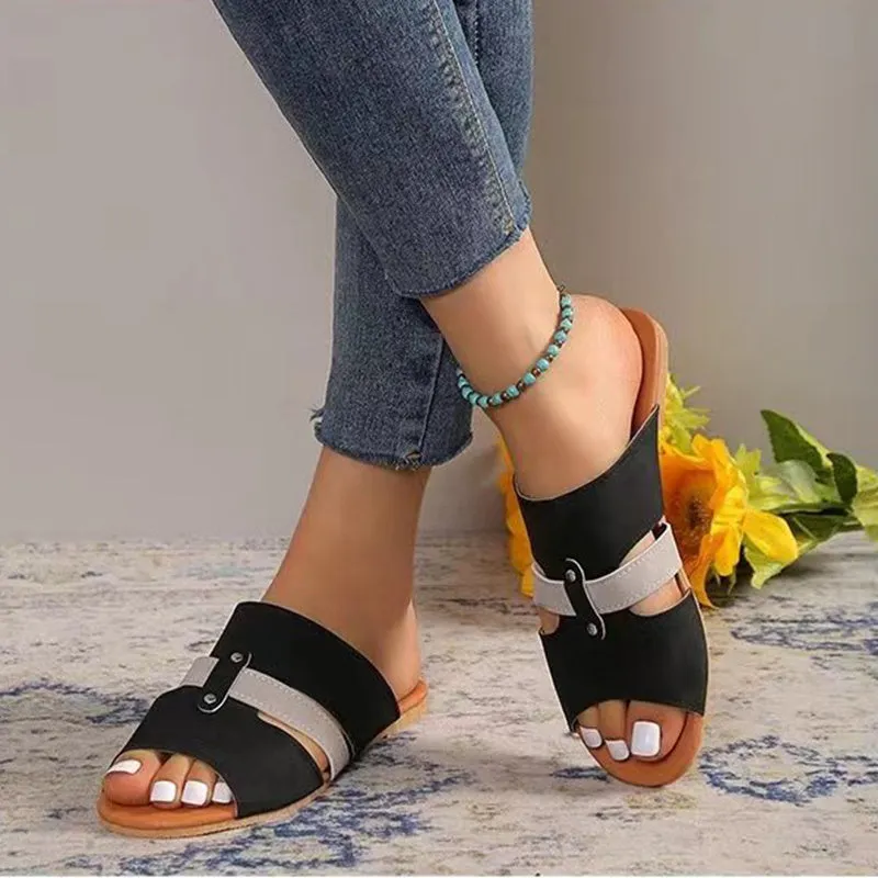 Women's fish mouth belt buckle flat slide sandals in suede for summer beach wear