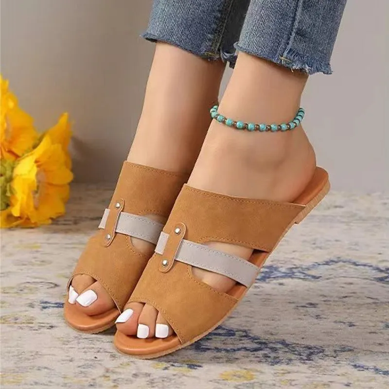 Women's fish mouth belt buckle flat slide sandals in suede for summer beach wear