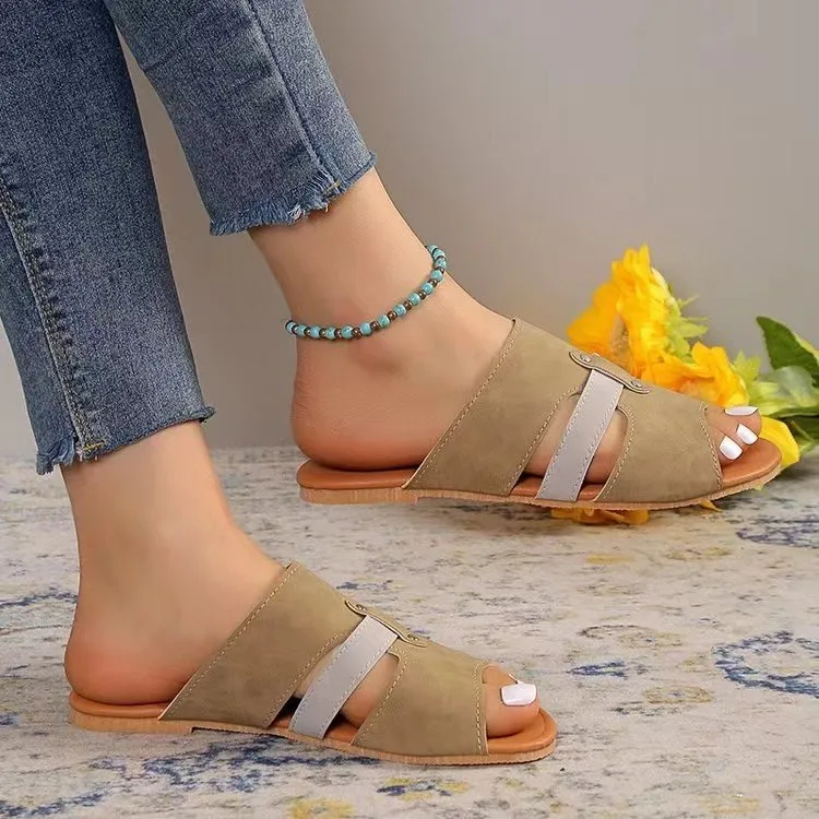 Women's fish mouth belt buckle flat slide sandals in suede for summer beach wear