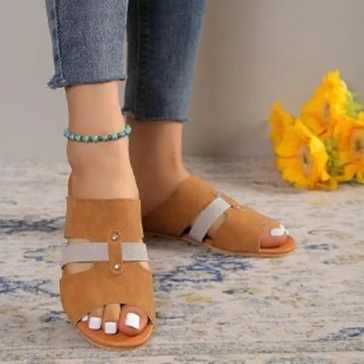 Women's fish mouth belt buckle flat slide sandals in suede for summer beach wear